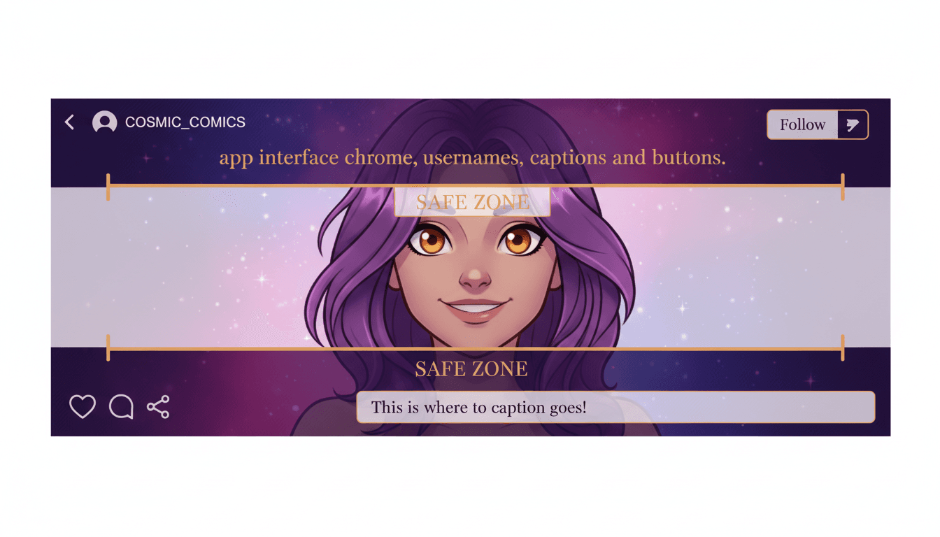 A tall 9:16 comic video frame with shaded bands across the top and bottom marking app interface chrome, and a clear safe centre band where the character face sits