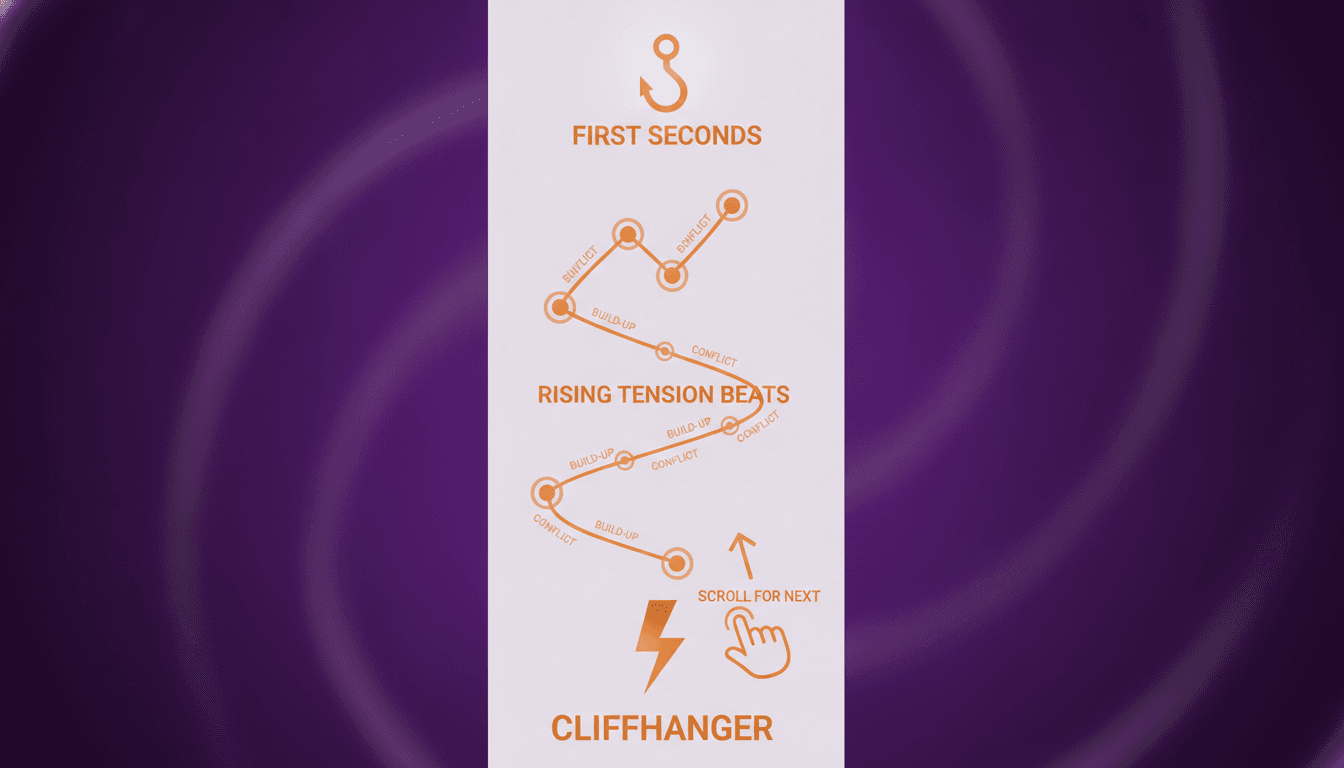 A tall narrow episode timeline with a hook marked in the first seconds, rising beats in the middle and a cliffhanger marker at the bottom, beside a thumb-scroll gesture arrow