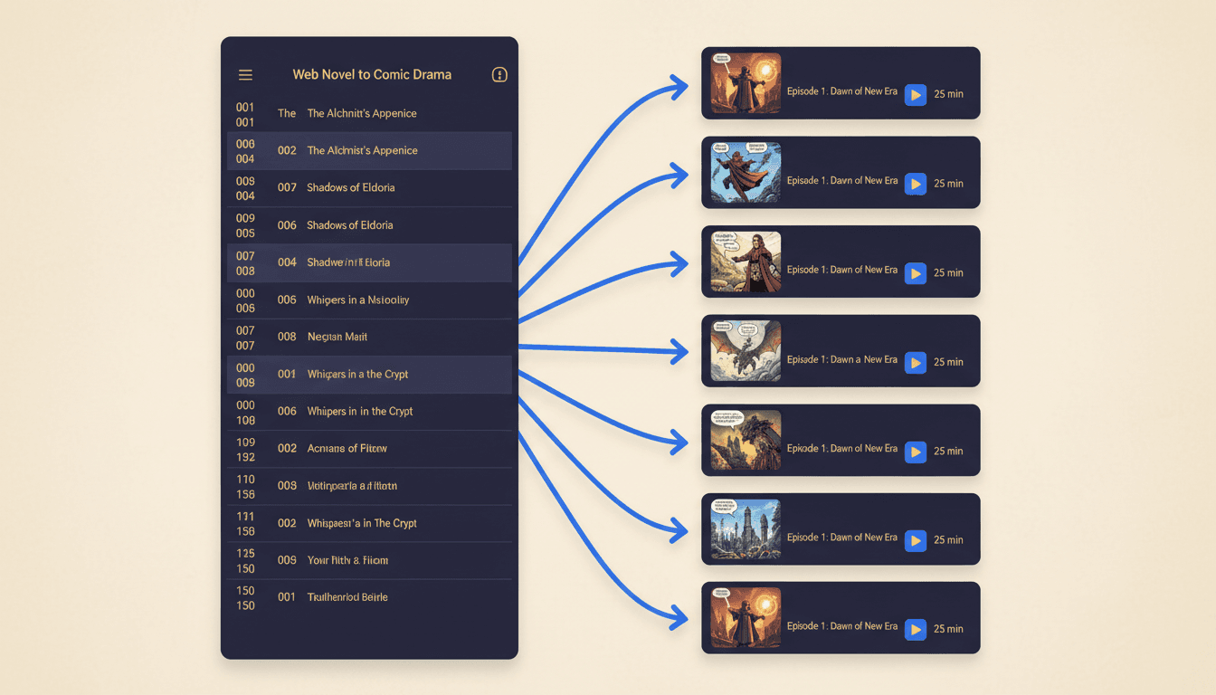 Web novel to comic drama interface with a long scrolling list of numbered chapters on the left, each group bundled by a glowing arrow into an episode card with a comic thumbnail and a runtime on the right