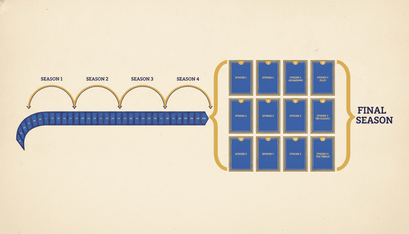 A ribbon of two hundred numbered chapter blocks condensing into a season of twelve labelled episode cards, with arc brackets drawn above the chapters