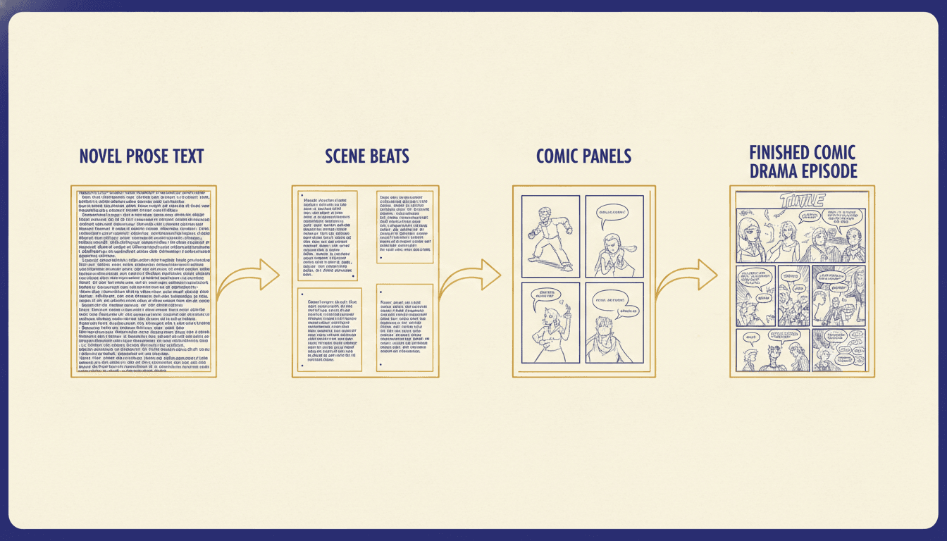 A pipeline diagram showing a wall of novel prose, then the same text split into scene beats, then those beats drawn as comic panels with speech balloons, then a finished playing comic drama episode