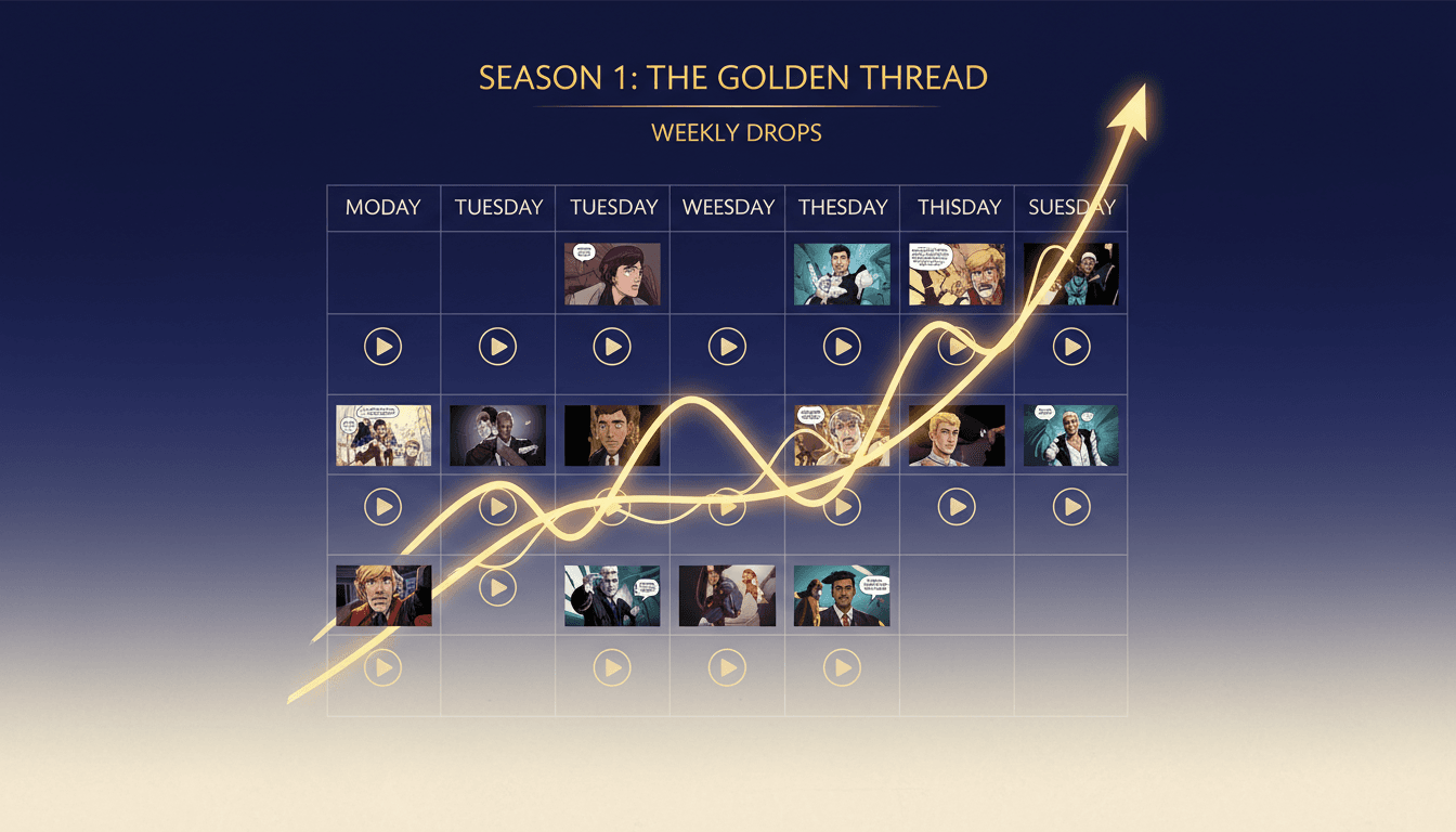 A release calendar where each week holds a comic drama episode thumbnail, with an unbroken line running through them and a rising subscriber curve behind