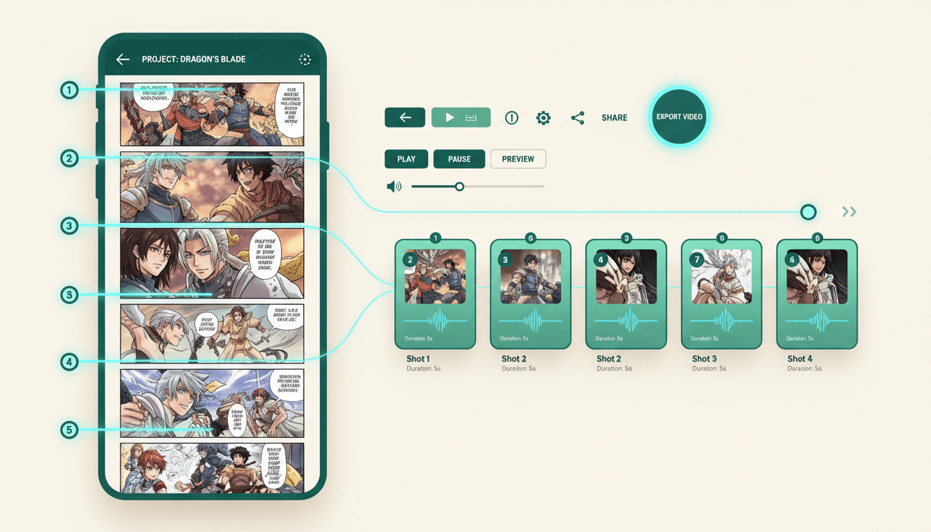 Webtoon to video interface with a tall vertical scroll on the left marked with cut lines, each segment flowing into a numbered shot card on a video timeline