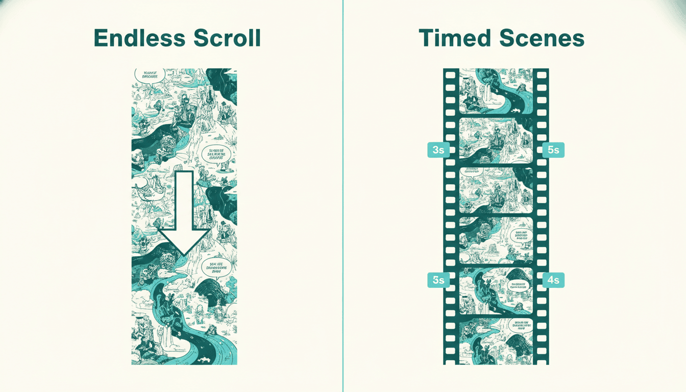Split comparison showing one continuous webtoon canvas with no page breaks on the left and the same artwork cut into sequential timed shots on a film strip on the right