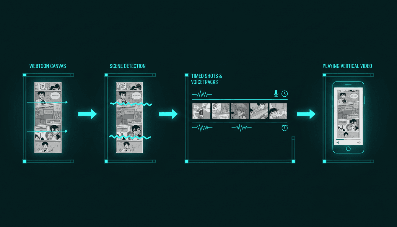 A pipeline diagram showing a long webtoon canvas gaining scene-break cut lines, then becoming timed shots with voice tracks, then a finished vertical video