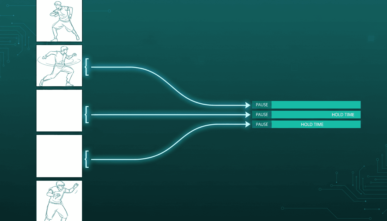 A tall webtoon canvas with glowing braces measuring the empty gutter space between beats, mapped to pause lengths on a video timeline