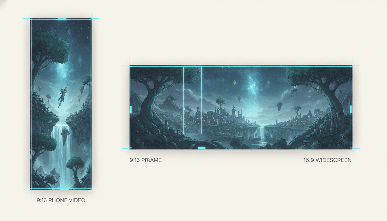 The same webtoon artwork fitted to a tall vertical phone video frame and a wide widescreen frame side by side with crop guides