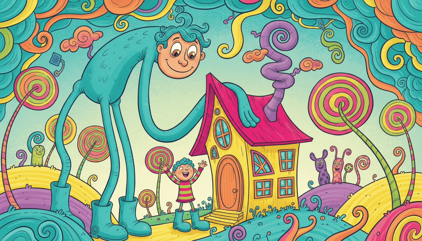 Whimsical absurd illustration of an enormously tall turquoise figure with a long curving neck, teal curls and impossibly long bendy legs in big boots leaning right over a small crooked yellow house with a magenta roof and a purple corkscrew chimney, while a small child in a pink and green striped jumper and oversized teal boots throws both arms up with delight at the door, among spiral lollipop trees on curling stalks and rounded purple hills