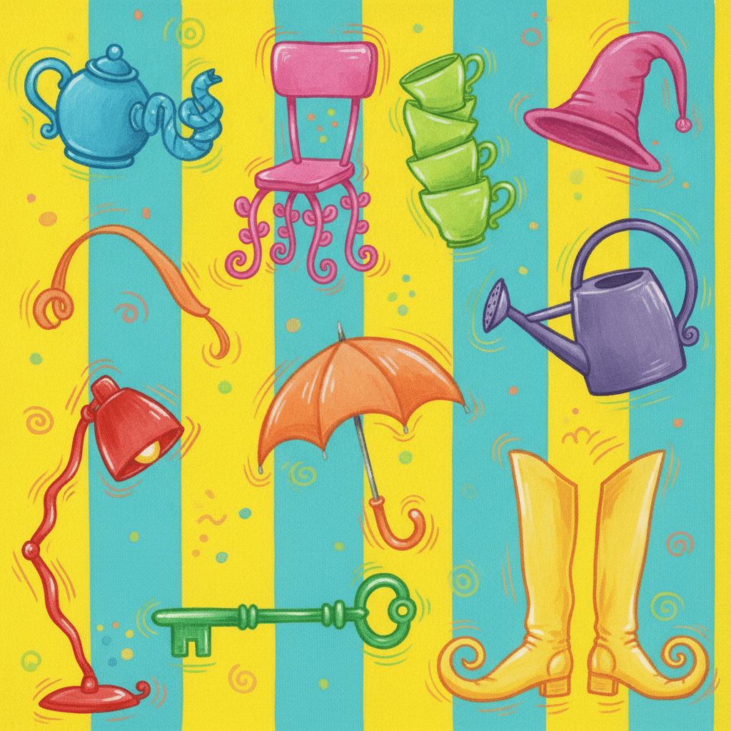 Square flat-lay of warped household objects on a turquoise and yellow striped ground — a blue teapot with a corkscrew spout, a pink chair with curling vine-like legs, a tottering stack of green cups, a drooping magenta cone hat, a purple watering can, an orange umbrella with a curled handle, a red lamp leaning on a wavy stand, a green key and a pair of yellow boots with toes that curl right up