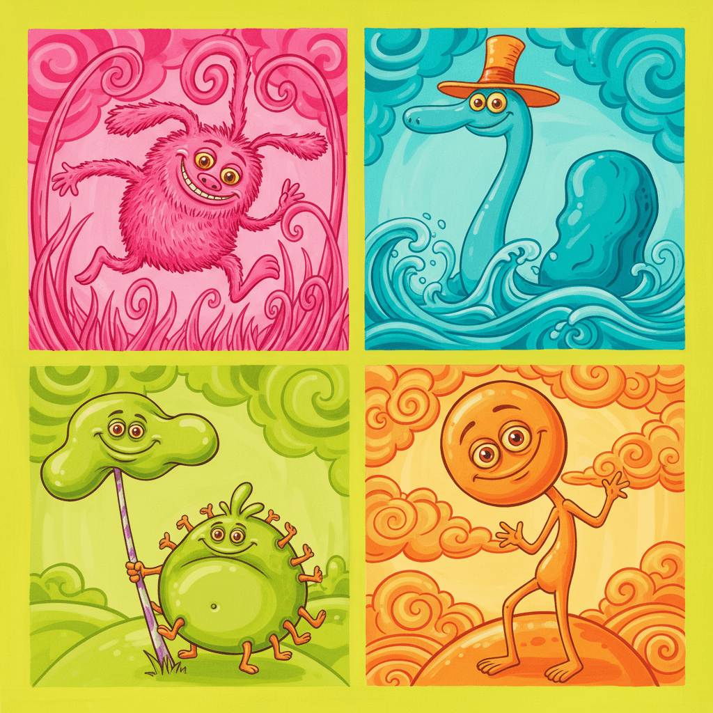 Square divided into four quarters, each built around one bright colour — a shaggy pink creature with long curling arms bounding through curling pink grasses, a long-necked turquoise creature in an orange hat wading through looping turquoise waves, a round lime green creature with many little legs holding a leaning lollipop tree on green hills, and an orange creature with an enormously oversized round head standing on a tangerine hill among swirling orange clouds