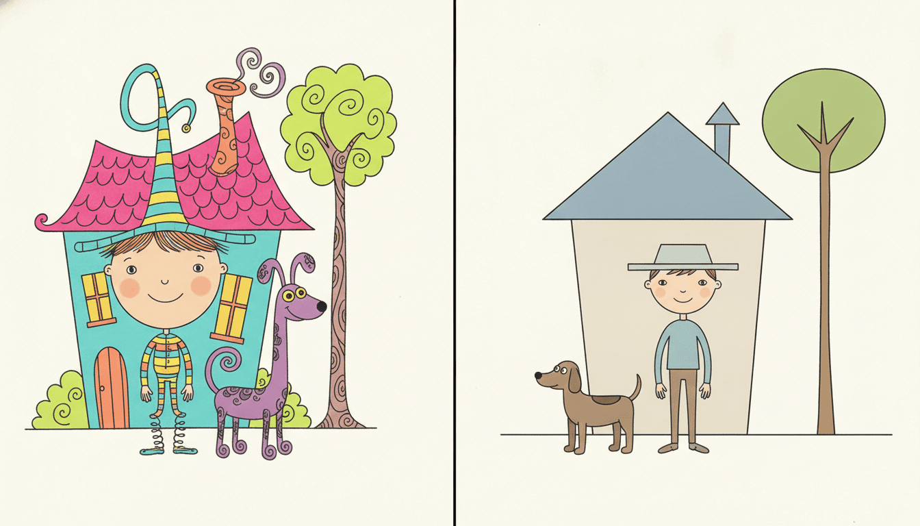 The identical scene of a child, a house, a tree and a companion drawn twice side by side — on the left bendy and absurd, the child all head and coiled spring legs beside a bulging turquoise house with a scalloped magenta roof and a curling chimney and a long-necked purple invented creature, and on the right rebuilt with straight lines, a plain square house, a correctly proportioned boy, an ordinary brown dachshund and a level ground line in muted sage and grey