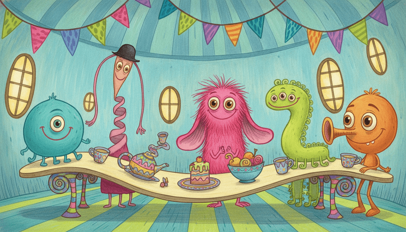 Five completely different friendly invented creatures — a round turquoise blob with one huge eye, a ribbon-thin pink creature in a black bowler hat with a corkscrew body, a shaggy magenta creature with floor-length floppy ears, a long lime green creature with four eyes in a row and curling legs, and an orange creature with a trumpet-shaped snout — gathered around a long wavy table on spiral legs laid with a painted teapot, mismatched cups, a slice of cake and a bowl of fruit, under bunting in a turquoise room with oval windows at odd heights