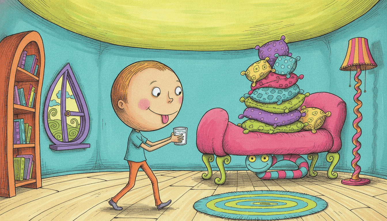 A child with an enormously oversized round head, a tiny striped body and very long orange bendy legs carries a glass of milk carefully across a bedroom, tongue poking out in concentration, while the yellow ceiling droops, the walls curve inward, the orange bookshelf bends like a bow and a pink couch on curling green legs holds a tottering stack of lopsided pillows — an entirely ordinary errand drawn in a room that refuses to stand straight