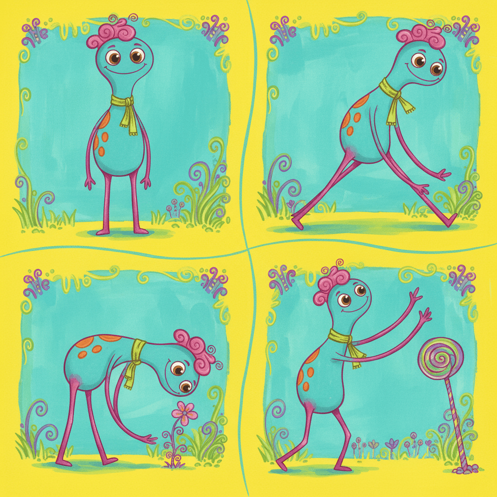 Square four-panel sheet showing the same invented creature in four poses — standing still, striding forward, bending right down to a flower and reaching up to a lollipop — with the identical turquoise body, curly pink tuft, scattered orange spots, yellow-green scarf and very long pink limbs in every one of the four panels