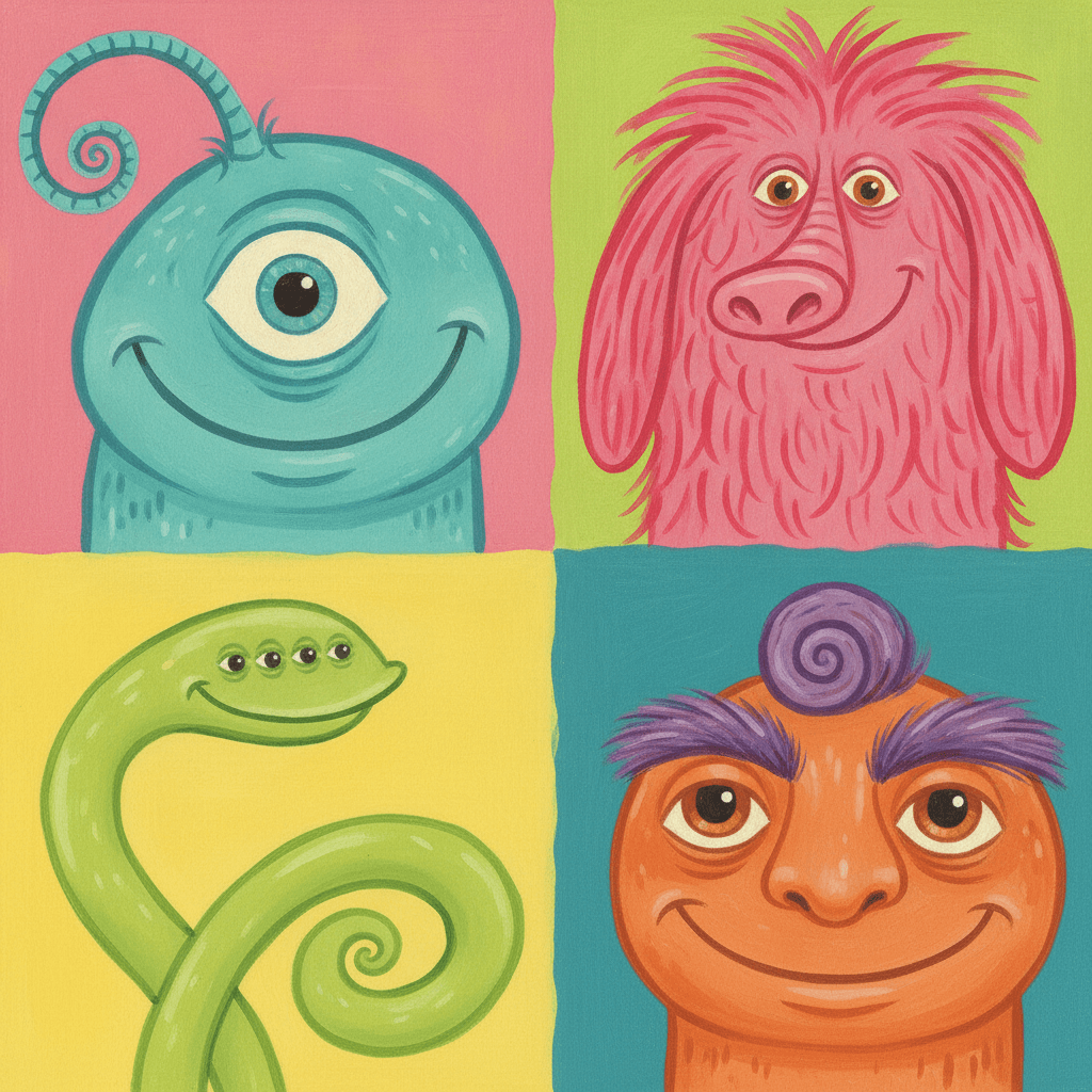 Square four-panel sheet of four different friendly invented creature faces — one with a single huge eye and a curling antenna, one shaggy and pink with floor-length floppy ears, one lime green with a long rubbery neck and four eyes in a row, and one tangerine with bushy violet eyebrows — each on its own bright colour field