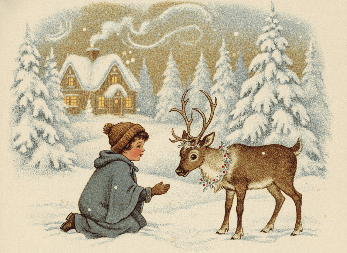 Classic storybook style illustration of a child greeting a friendly reindeer beside a snowy cottage among frosted pines