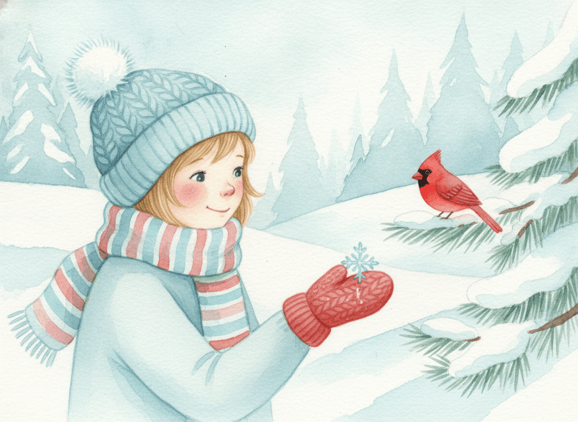 Watercolor style winter story illustration of a gentle child in a knitted hat holding a snowflake with a red cardinal among snowy pines