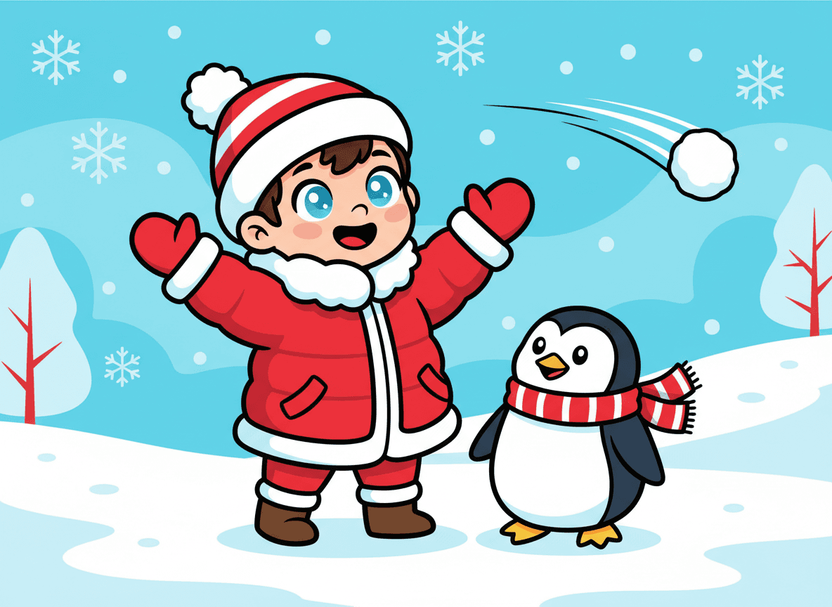 Cartoon style winter story illustration of a happy child in a puffy coat and pom-pom hat tossing a snowball with a penguin