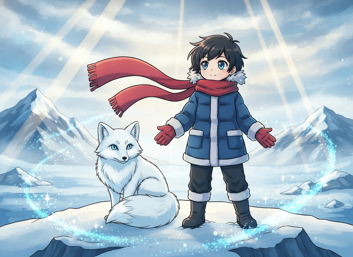 Anime style winter story illustration of an adventurous child with a windswept scarf on a snowy ridge with an arctic fox