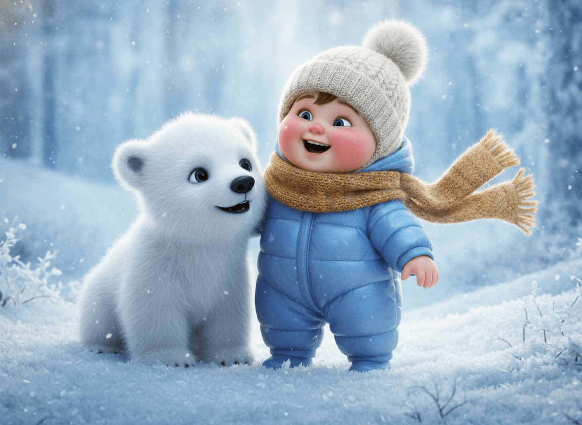 Cinematic 3D style winter story illustration of an adorable child in a puffy coat beside a fluffy baby polar bear in falling snow
