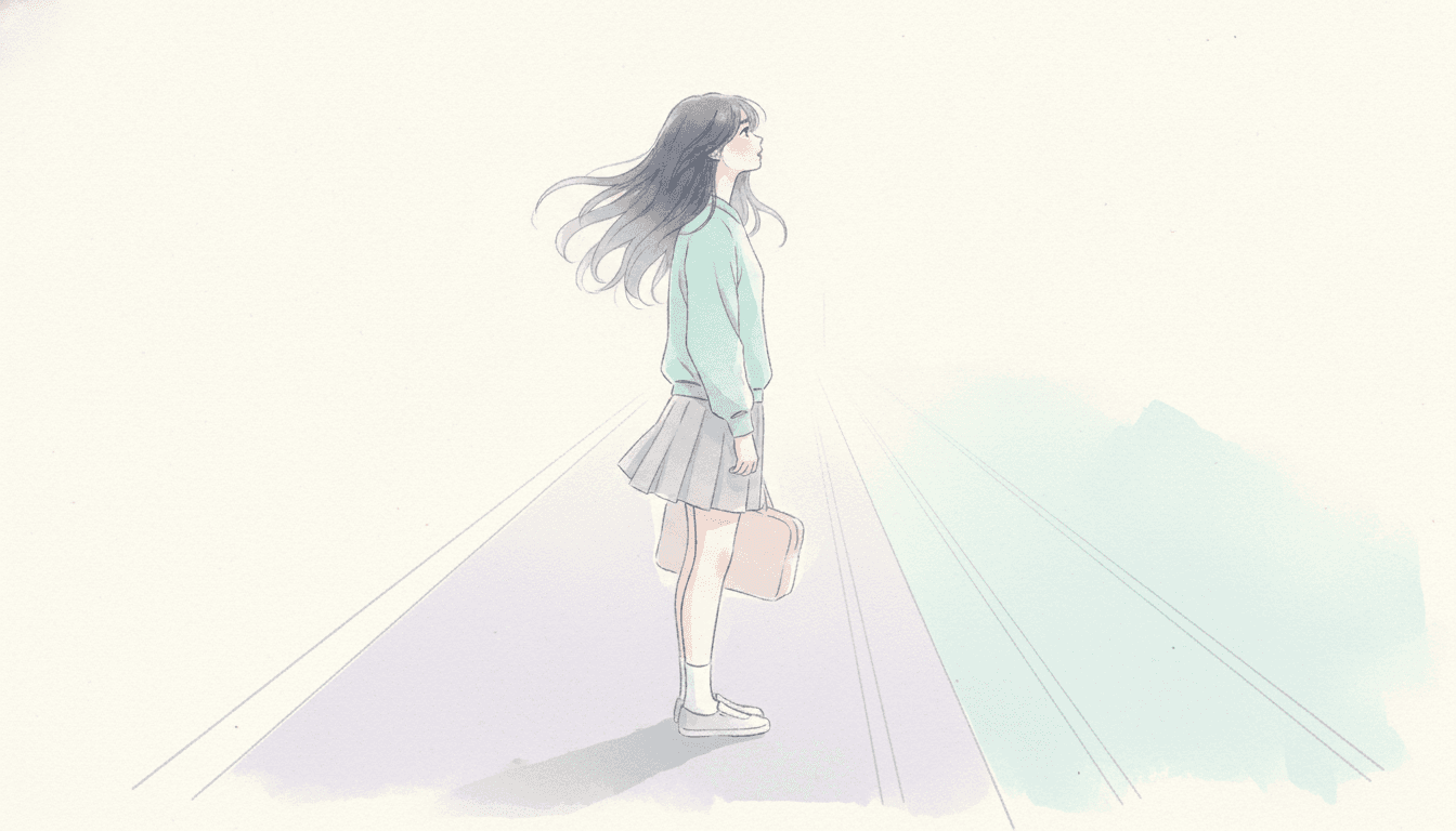 A girl of about sixteen stands alone on a long empty railway platform, seen from the side, her chin lifted and her face turned up and away to the right as though she were holding a breath. Her long dark hair lifts and drifts sideways in soft translucent strands of grey and hazy lavender. She wears a soft aqua school jumper, a grey pleated skirt, white ankle socks and plain white shoes, and carries a pale rose satchel low in one hand. The platform runs away from her into the distance as a thin pale lavender wash with three faint flowing lines for the rails crossing the lower right of the picture, and a soft aqua wash drifts in at the right edge. Everything else is bare warm white paper. The colour is laid on in thin translucent layers that let the paper show through, and the washes drift softly past the drawn contours rather than stopping at them