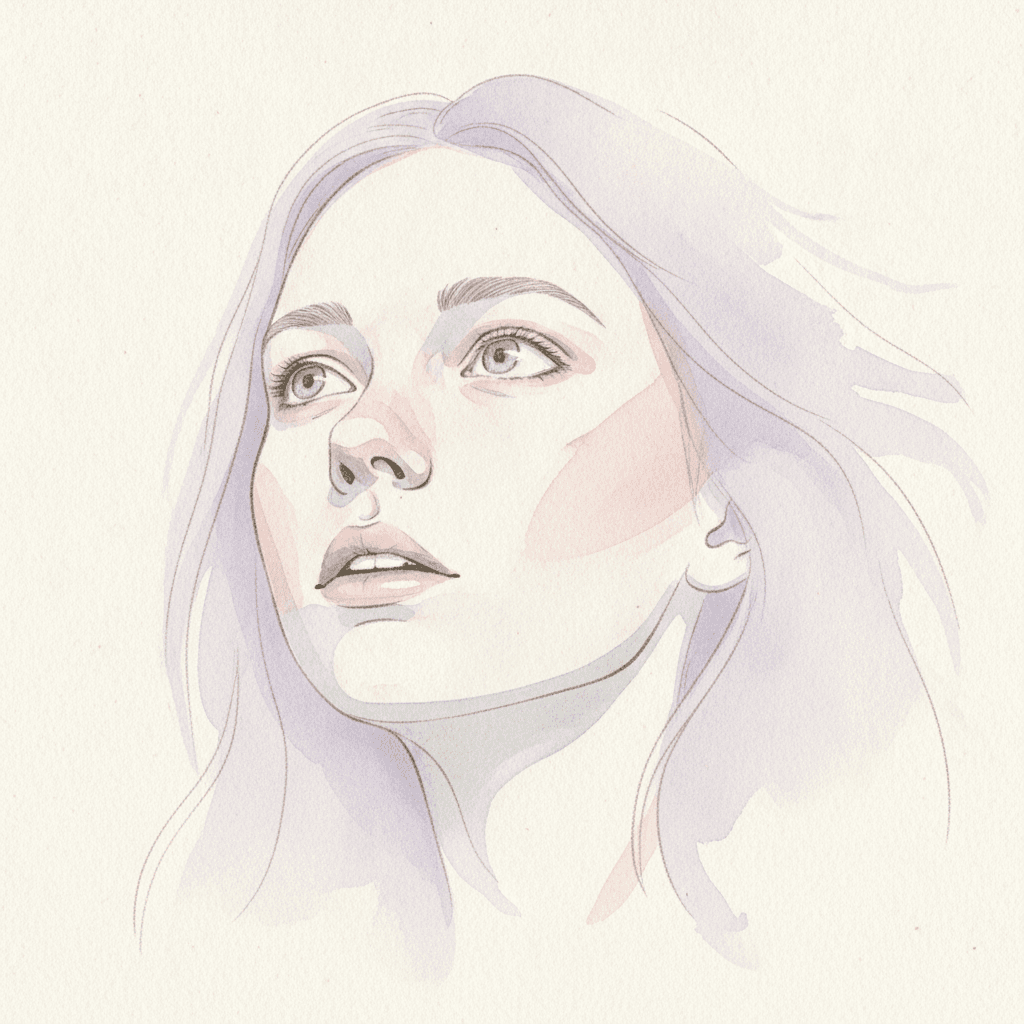 A very close view of the face of a young woman filling almost the whole square, seen from slightly below, her chin lifted, her eyes open and looking up and away out of the top of the picture, her lips just parted as though she were about to speak and then did not. The face is built from thin translucent layers: a pale rose wash across the cheek and the jaw, a cool grey wash beneath it, and a hazy lavender wash through the long hair that runs well past the edge of the hair and feathers out into the bare paper at the top and the right. Where the washes overlap, a third quieter colour shows through. The remaining drawn lines are fine and flowing, swelling along the jaw and thinning to almost nothing across the bridge of the nose, and the contour of the hair is left open so the colour simply fades into the page. The eyes are drawn with very few marks and carry no sparkle or white highlight