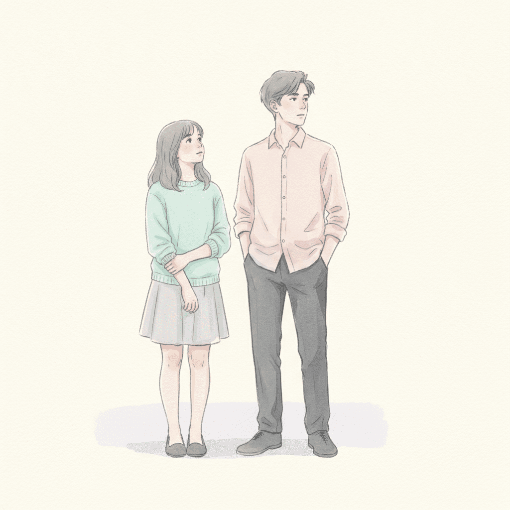 Two young people stand close together in the middle of a large square of bare warm white paper. On the left a girl of about sixteen with a chin-length bob, in a soft aqua jumper and a pale grey pleated skirt with dark flat shoes, stands with one hand holding her other arm in front of her and her head tipped up, looking directly at the face of the boy beside her. On the right a taller boy of about seventeen in a pale rose shirt and charcoal trousers stands with both hands in his pockets, his head turned away from her entirely, looking off to the right and out of the picture. They are noticeably different in height and build and their faces are plainly different. Both are drawn in a fine flowing line over thin translucent washes with the paper showing through, and a single soft lavender wash lies on the ground beneath their feet. There is nothing else in the picture at all