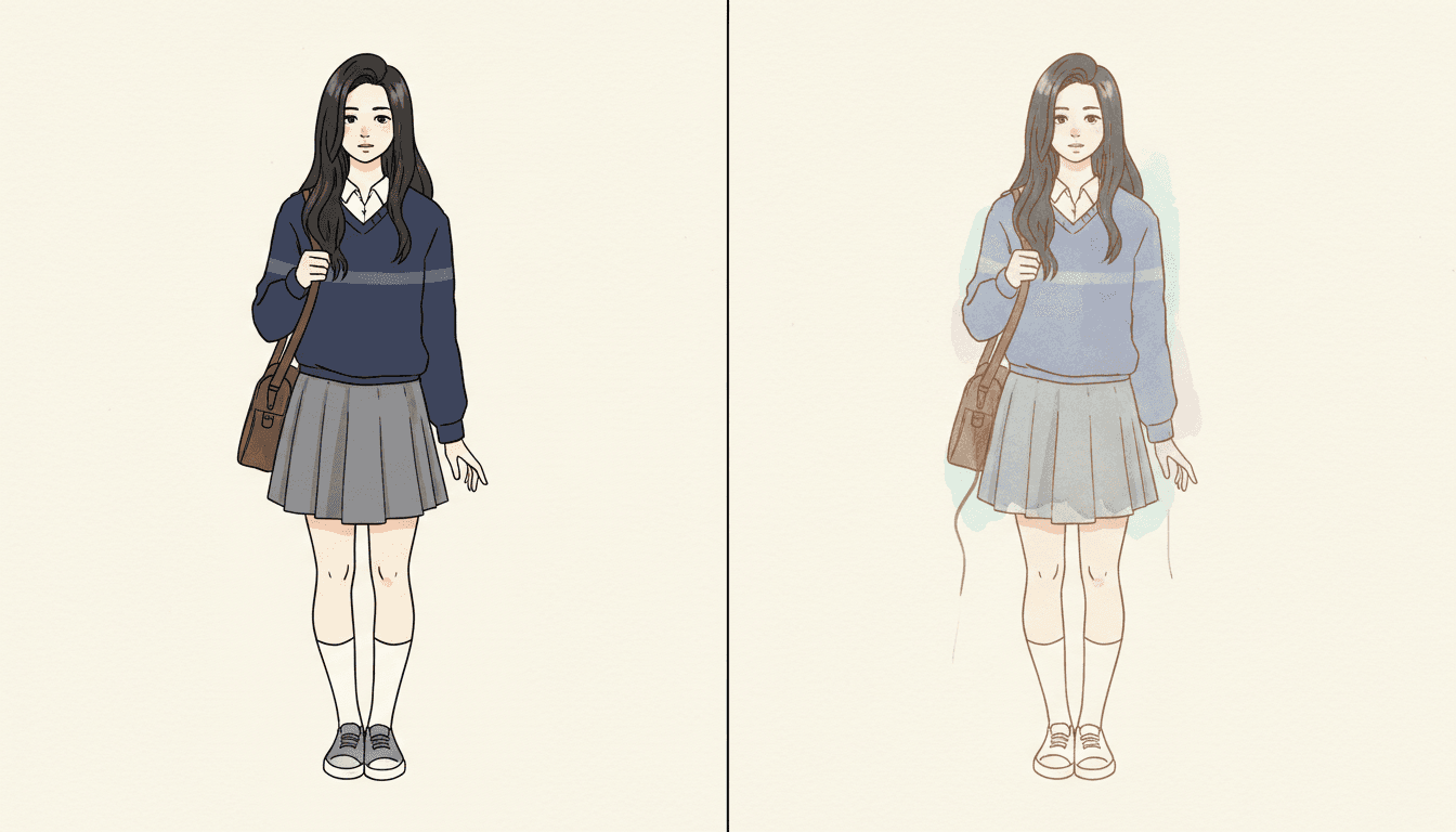 One wide picture divided down the middle by a thin vertical line, showing the same girl standing in the same pose twice. In the left half she is drawn with a dark, even, continuous outline enclosing solid opaque colour: a deep navy school jumper with a grey stripe across the chest, a white collar, a mid-grey pleated skirt, white knee socks, grey canvas shoes and a brown satchel on one shoulder, every colour stopping exactly at the line. In the right half the identical girl in the identical pose is drawn in thin translucent washes instead — the same jumper now a soft blue-lavender that lets the paper show through, the skirt a pale aqua-grey, the shoes outlined rather than filled — and a soft aqua and lavender wash spreads outward past her shoulders and arms into the bare paper around her, with no hard boundary anywhere. Her face, her hair and her pose are the same in both halves; only the way the colour is handled has changed