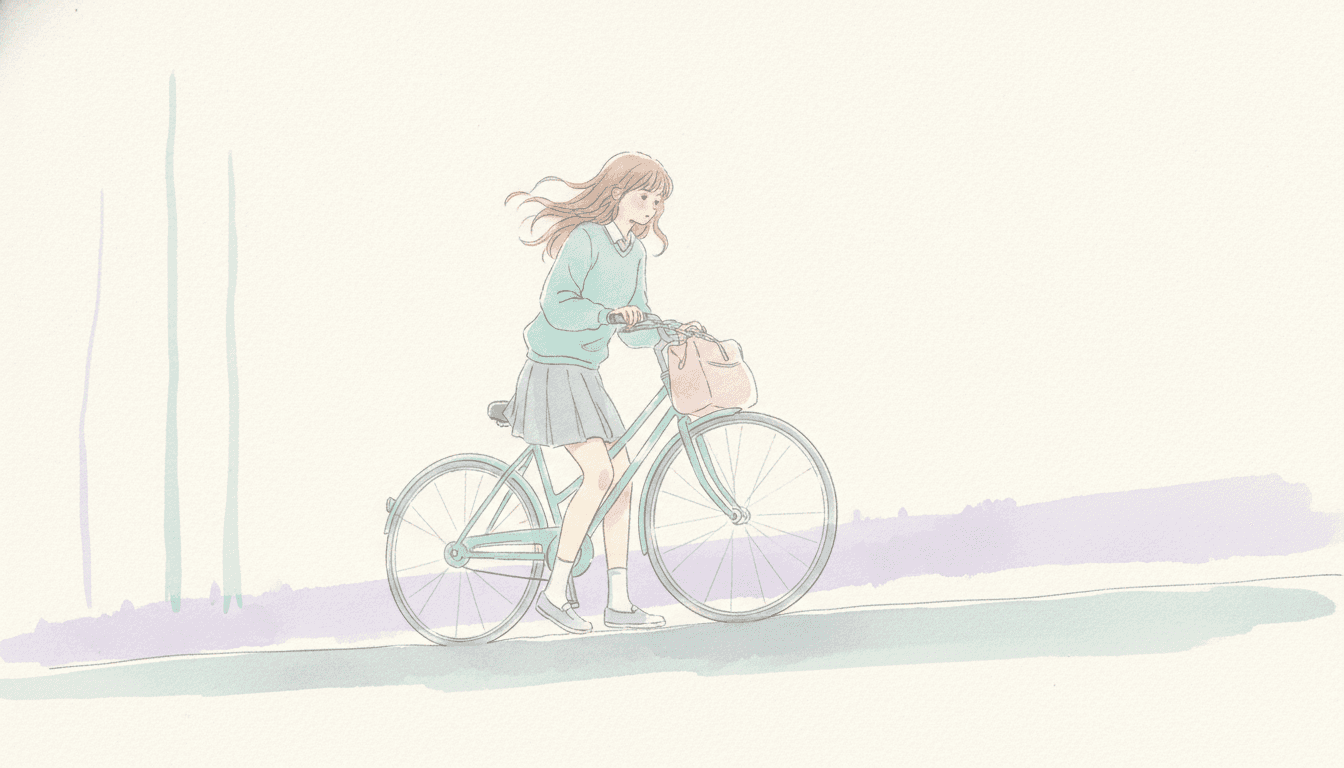 A girl of about seventeen walks slowly along a road pushing a bicycle beside her, holding its handlebars with both hands, her head tipped down towards the road and her long hair drifting back off her shoulders. She wears a soft aqua school jumper over a white collar, a grey pleated skirt, white socks and grey canvas shoes, and a pale rose canvas bag hangs from the handlebars. The bicycle is drawn whole in a fine flowing line with a soft aqua frame, both wheels showing their spokes, and nothing on it is shiny. The road beneath them is one long uneven band of pale lavender and aqua wash running right across the picture and thinning away at both ends, and two thin aqua vertical strokes at the left stand for distant tree trunks. Everything above the road is bare warm white paper with the grain showing