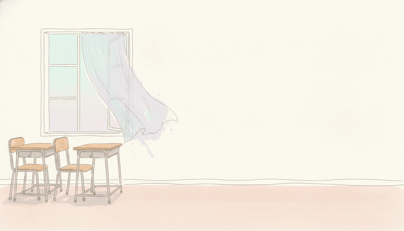 An empty classroom in the late afternoon with nobody in it. At the left, two plain wooden school desks with pale wooden tops and slim grey metal legs stand with their two matching chairs, one chair pushed out at an angle. Above them a tall window stands open, its panes laid in as soft blocks of pale aqua and hazy lavender wash, and a thin curtain lifts and billows inward from it in one long translucent sweep of lavender and aqua that drifts past its own outline and breaks into loose spots and spatters where it ends in mid-air. The right half of the picture is almost entirely bare warm white paper, crossed only by one thin wavering line where the wall meets the floor and running on to the edge. The floor beneath is a single thin pale rose wash laid unevenly across the bottom of the picture