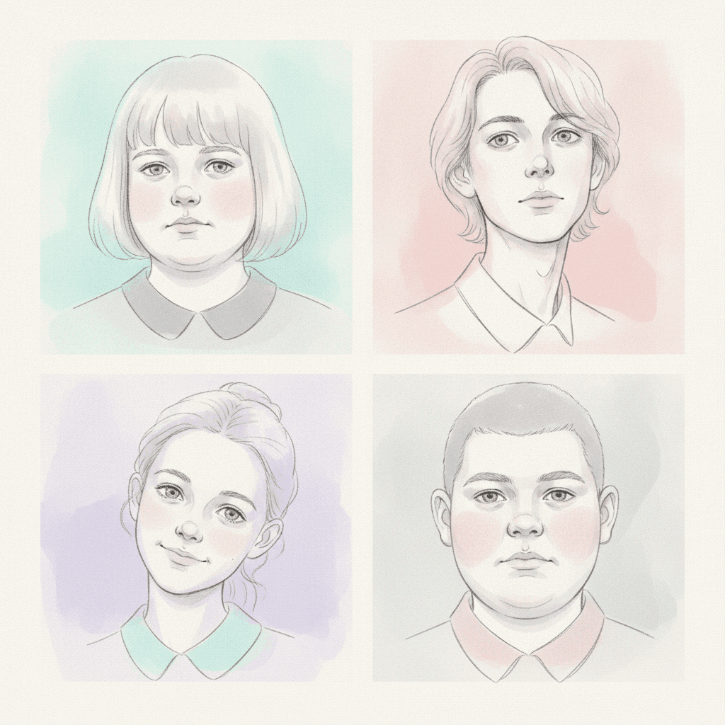 Four separate square portrait panels arranged two across and two down on a cream page, each holding the head and shoulders of a different young person drawn in fine pencil line over a thin wash of colour. Upper left, on a soft aqua wash: a round-faced girl with full cheeks, a blunt fringe and a chin-length bob, in a grey collared shirt, looking straight out with her mouth closed. Upper right, on a pale rose wash: a longer-faced young person with a narrow jaw and wavy hair pushed back off the forehead, in a white collar, chin level and eyes steady. Lower left, on a hazy lavender wash: a girl with her hair gathered up off her neck, in a soft aqua collar, her head tipped very slightly and the corner of her mouth lifted in a small half-smile. Lower right, on a cool pale grey wash: a broad-faced boy with heavy brows, full cheeks and cropped hair, in a pale rose collar, looking straight ahead. The four face shapes, head sizes and builds are plainly different from one another, and each panel sits as its own rectangle with cream paper showing between them