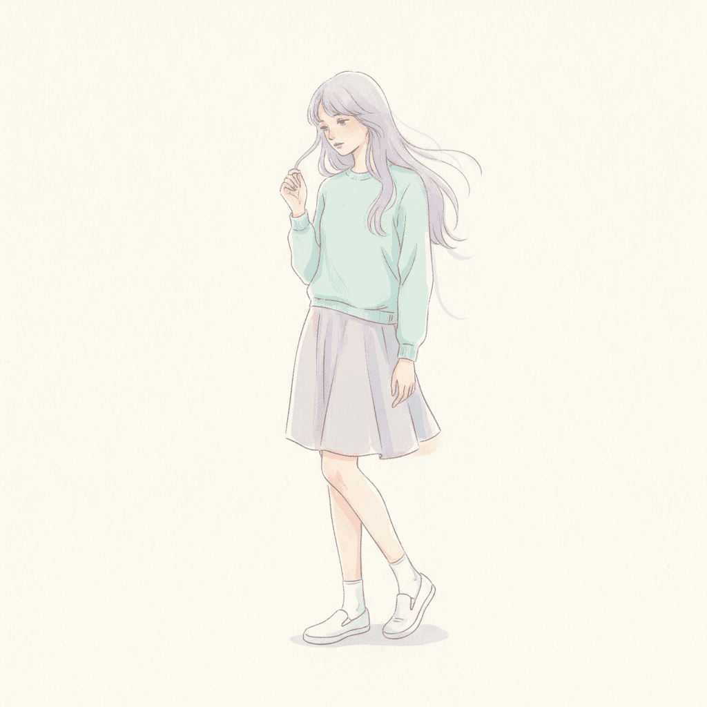 A girl of about sixteen drawn whole from the top of her head to her shoes, standing alone in the middle of an otherwise completely bare square of warm white paper. Her weight is settled on one leg with the other foot turned out, one hand is lifted to hold a strand of her own hair away from her cheek, the other hangs loose at her side, and her head is turned a little to one side with her eyes lowered. She wears a soft aqua jumper, a pale grey flared skirt, white ankle socks and plain white slip-on shoes. Her long hair is a pale lavender wash that drifts out behind her to the right and keeps going past its own drawn outline, thinning away into the bare paper. The jumper and the skirt are thin layered washes with the paper showing through and faint tide lines where the colour dried, and nothing in the picture is filled with a solid block of colour