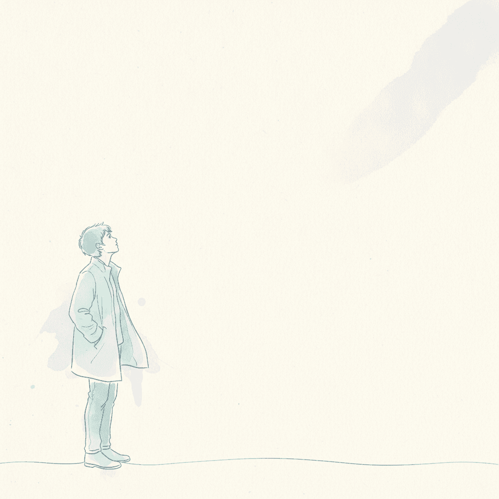 A boy of about sixteen drawn small and low in the left part of a large square of bare warm white paper, with almost the entire picture left empty around him. He stands with both hands in his coat pockets, his open pale coat falling away behind him, his head turned up and back over his shoulder to look behind him and above him. He is drawn in a fine flowing pencil line with a thin pale aqua wash across his coat and trousers that spreads a little way past his outline into the paper. One single thin line runs along the bottom of the picture from his shoes away to the right edge, the only other drawn mark in the lower half. In the upper right corner a soft grey-lavender wash drifts diagonally inward and thins to nothing before it reaches him. Everything between the two is bare paper with the grain showing