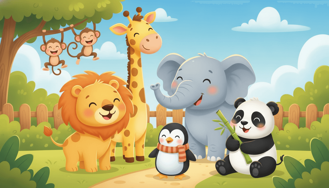 Happy friendly zoo animals on a sunny day — a smiling lion, a tall giraffe, a gentle elephant, playful monkeys, a panda and a penguin — in an AI-generated zoo story