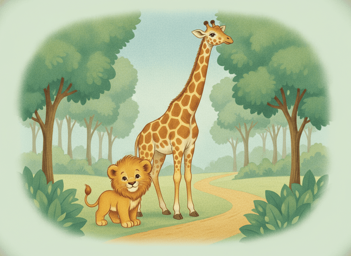 Classic storybook style illustration of a sweet lion cub and a gentle giraffe among green zoo trees