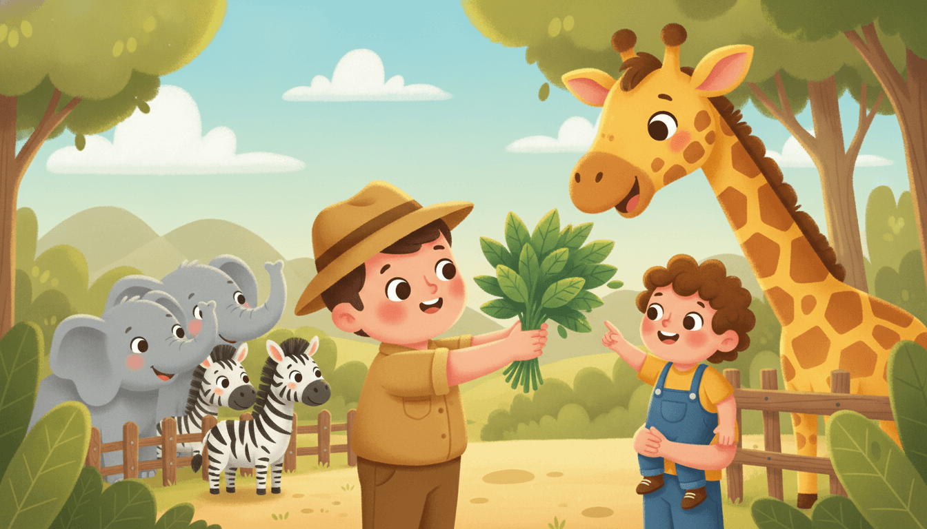 A kind zookeeper handing fresh leaves to a happy tall giraffe at feeding time while elephants and zebras wait nearby and a child watches in delight