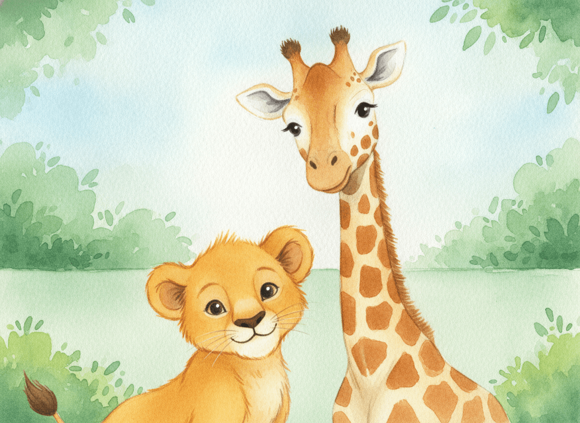 Watercolor style zoo story illustration of a gentle lion cub and a tall giraffe together in a leafy zoo enclosure
