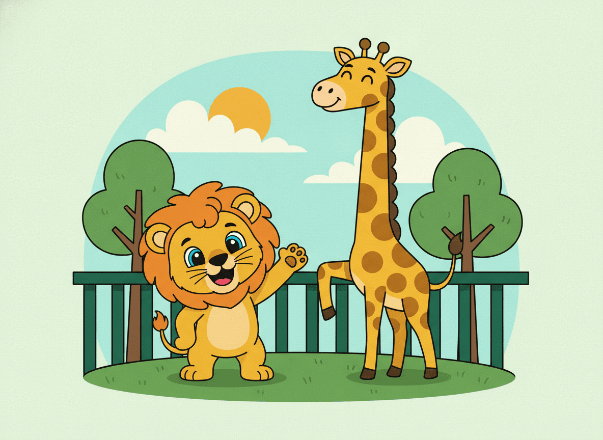 Cartoon style zoo story illustration of a happy little lion giving a cheerful wave next to a smiling giraffe