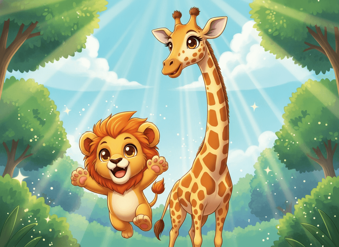 Anime style zoo story illustration of a cute lion cub and a graceful giraffe in a dynamic happy pose with sparkles