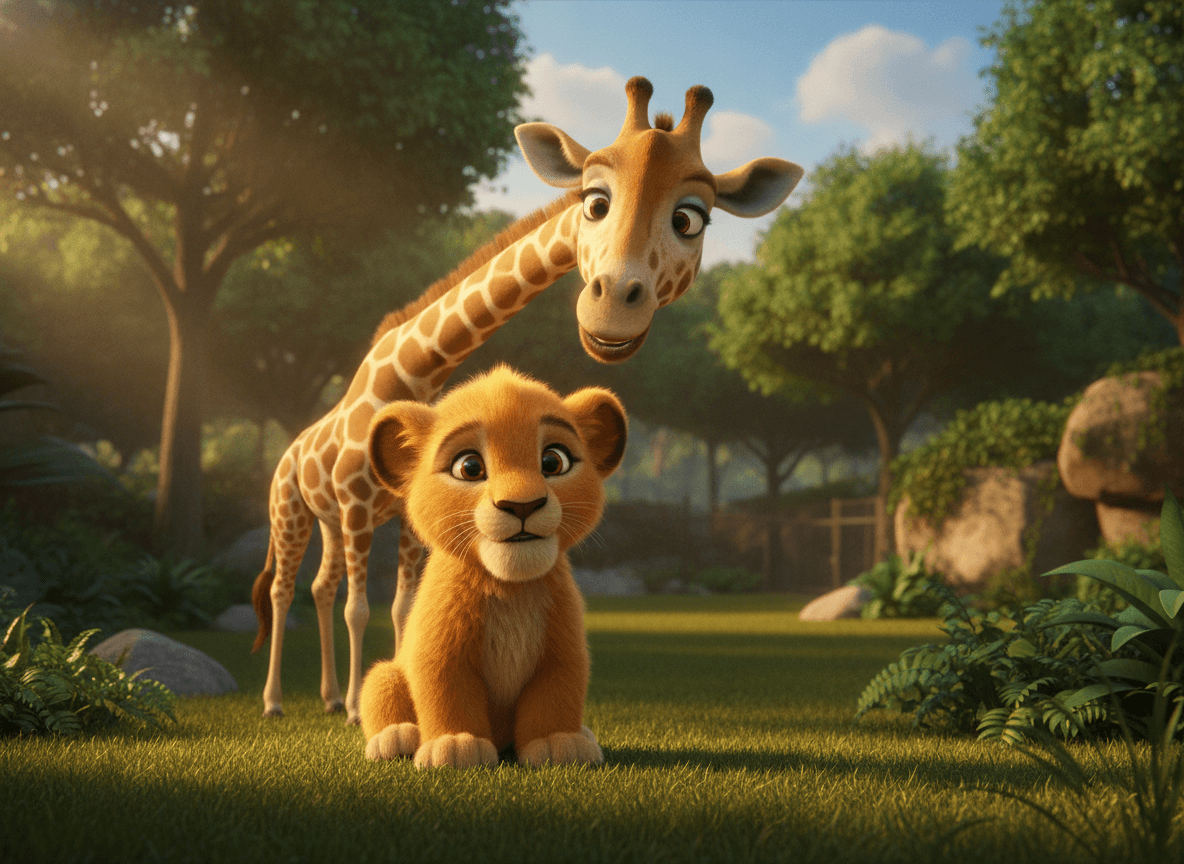 Cinematic 3D style zoo story illustration of an adorable fluffy lion cub sitting beside a tall giraffe at golden hour