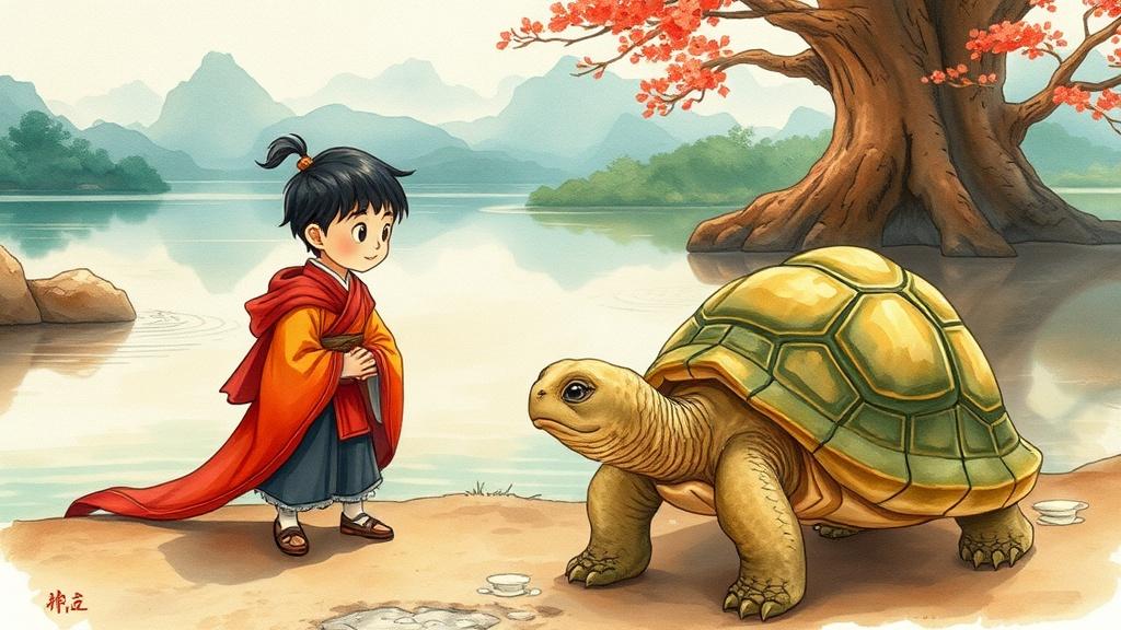 中国民间故事场景，小英雄遇见神秘湖边的智慧老龟