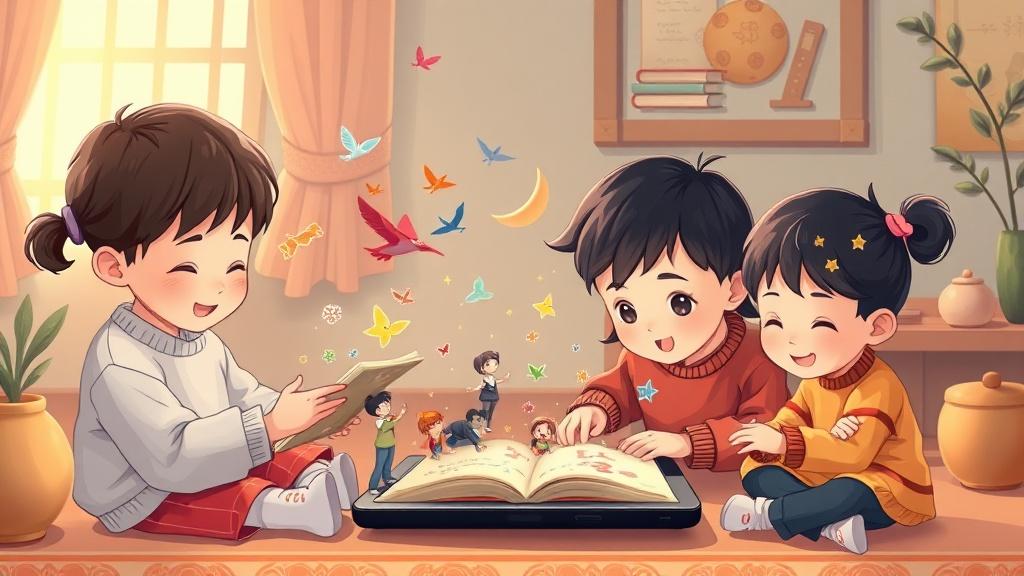 小朋友用AI平板创作故事，彩色角色从屏幕飞出