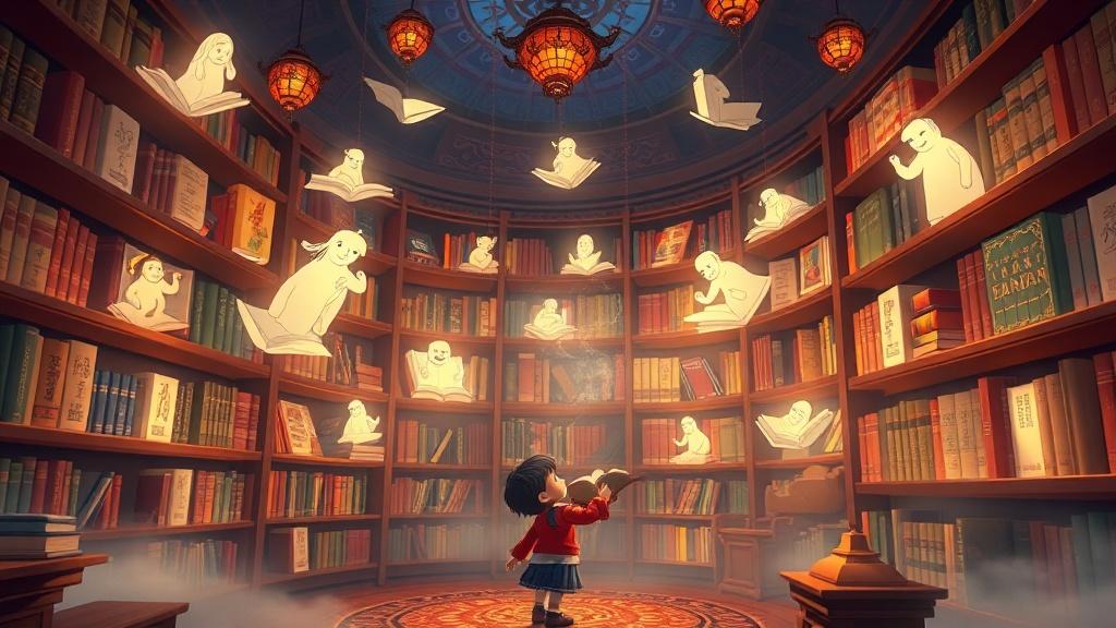 魔法图书馆，漂浮的中文故事书，发光的角色从书页中涌出
