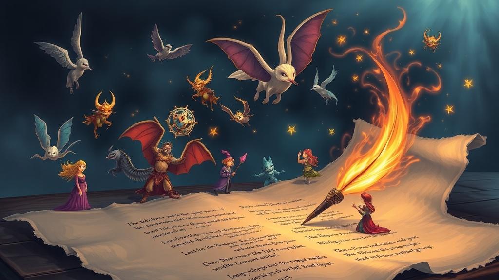 A magical quill pen writing with illustrated characters appearing