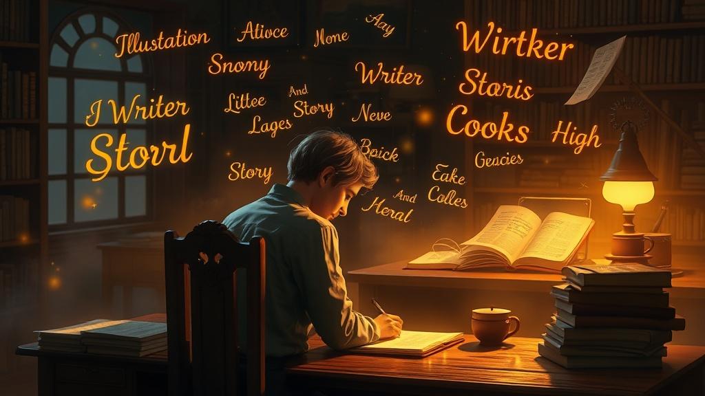 A writer at a glowing desk with magical illustrated story pages floating around them