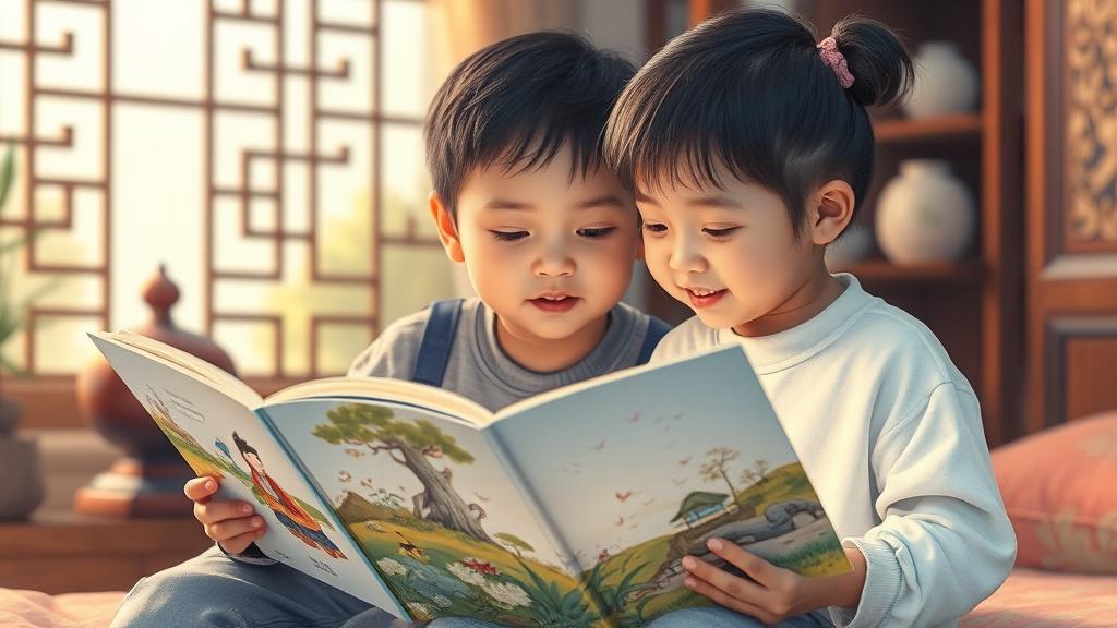 中国小朋友一起阅读精美绘本，温馨水彩插画风格