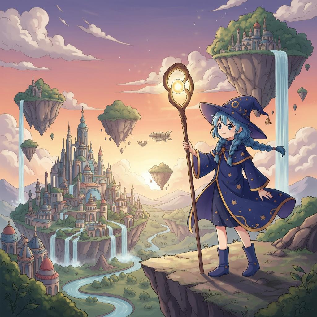Anime-style illustration of a young wizard girl overlooking a magical kingdom