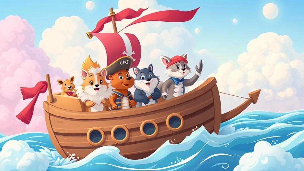 Cartoon illustration of animal friends on a pirate ship in cotton candy clouds