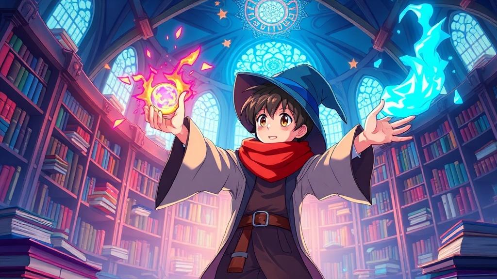 Anime illustration of a young wizard casting spells in a magical library