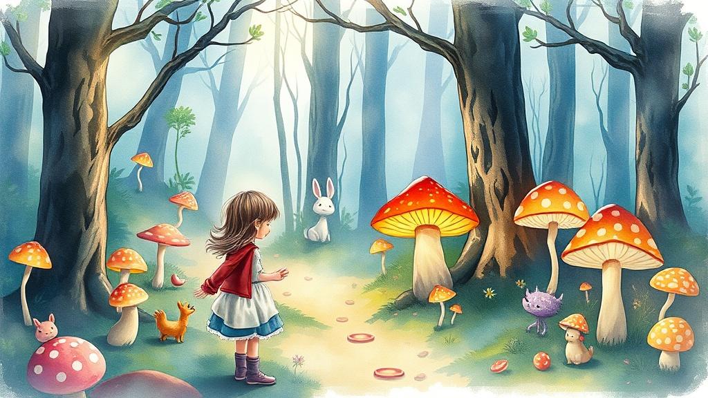 Watercolor illustration of a girl exploring a magical enchanted forest